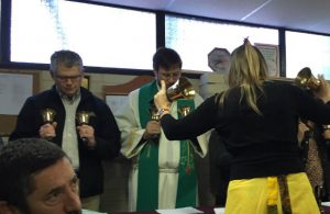 Rev. James Baneck, president of the North Dakota district, filled in for a sick hand bell choir member at worship.