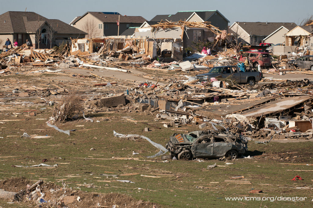 The damage are as seen from Our Savior Lutheran Church's parking lot in Washington, Il on Monday November 18, 2013. A pickup truck with clean up volunteers can be seen to the upper right of the picture. On Sunday, November 16, 2013 one of many tornados across the Illinois touched town in Washington, Il a central illinois town of about 15,000.The tornado damaged many member homes including Our Savior Lutheran Church. Dan Gill for LCMS