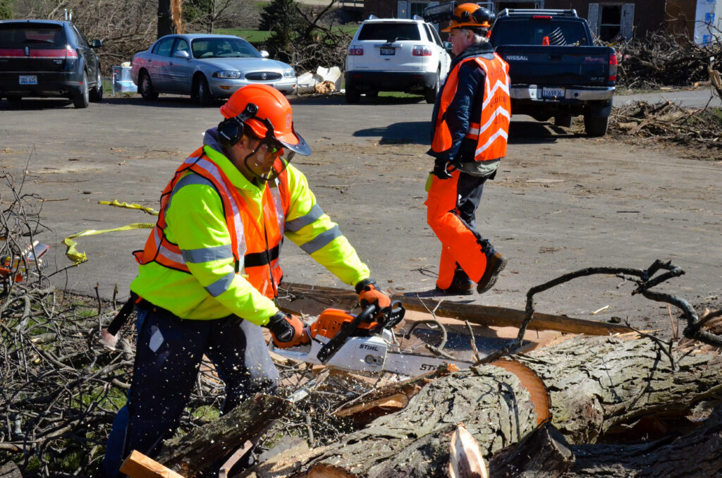 Dozens of chainsaw specialists were part of the more than 200 Lutheran volunteers who responded on Saturday, April 11, 2015, to tornado cleanup in Rochelle, Ill. LCMS Communications/Al Dowbnia