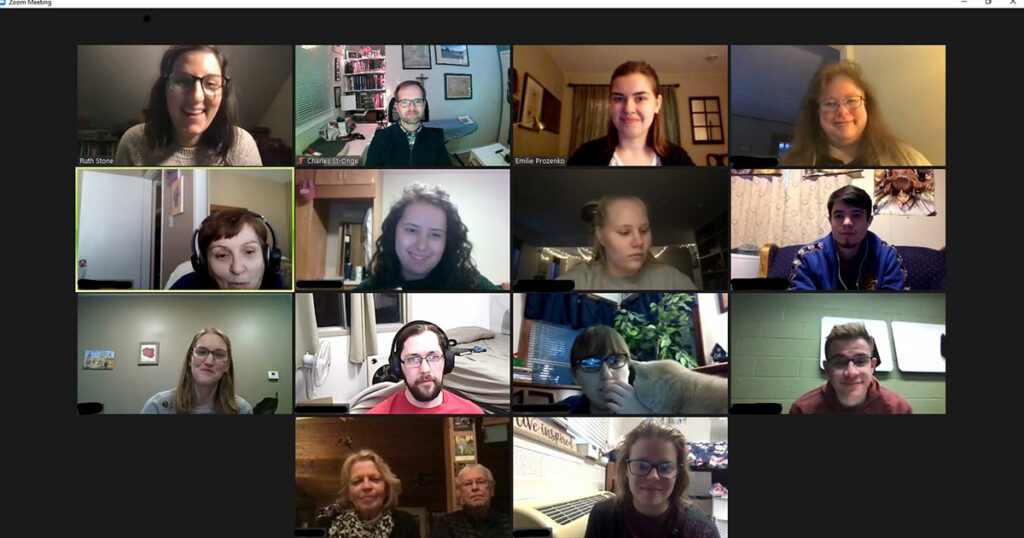 A group of volunteers, from across the U.S. and from Quebec, assembled for orientation in the winter of 2021. Across the top, from left: Ruth Stone (Montreal lay volunteer), the Rev. Charles St-Onge, Emilie Prozenko, and Dr. Vicki Anderson of Concordia University, Nebraska, who leads the ESL program there. (Photo courtesy of the Rev. Charles St-Onge.)